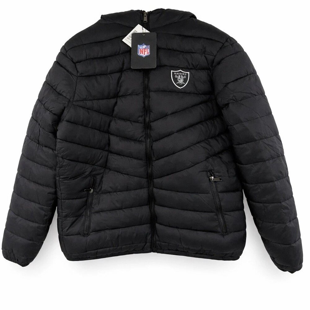 New NFL Las Vegas Raiders Black Hooded Puffer Jacket RAIDERS Back MSRP $300